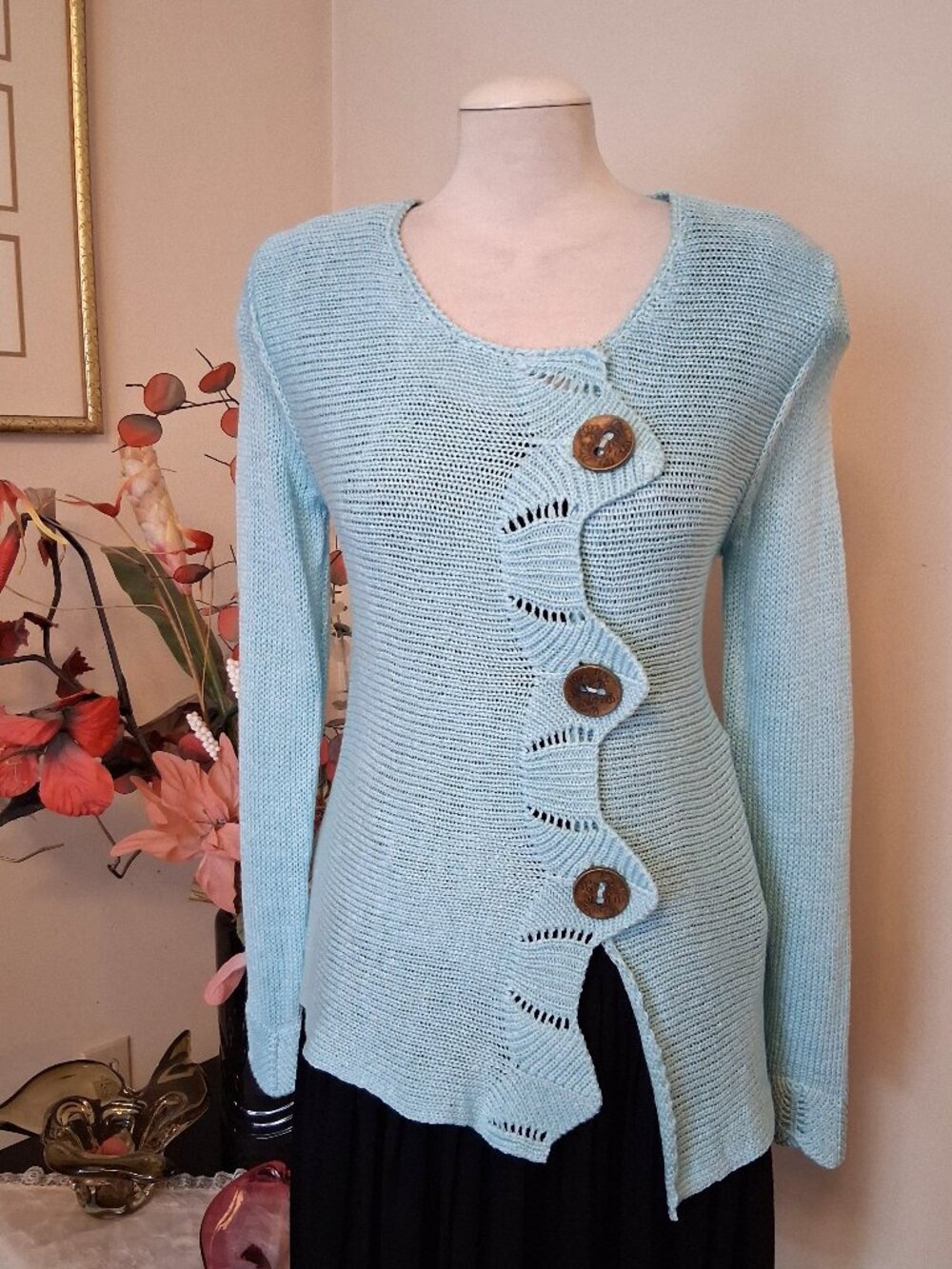 Quality Structured Knit Cardigan Sweater Women 12L Office Fall Winter Baby Blue